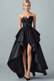 A-Line Black High Low Applique Satin Formal Dress