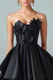 A-Line Black High Low Applique Satin Formal Dress