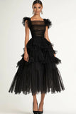 A-Line Black Mesh Tiered Formal Dress with Ruffles