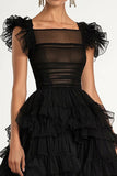 A-Line Black Mesh Tiered Formal Dress with Ruffles