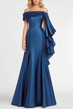 Dark Blue Satin Mermaid Formal Dress with Ruffles