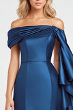 Dark Blue Satin Mermaid Formal Dress with Ruffles