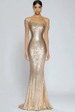 Gorgeous Off the Shoulder Champagne Sequin Mermaid Formal Dress