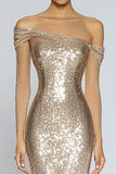 Gorgeous Off the Shoulder Champagne Sequin Mermaid Formal Dress