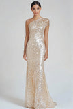 Champagne One Shoulder Sequined Mermaid Formal Dress