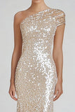 Champagne One Shoulder Sequined Mermaid Formal Dress