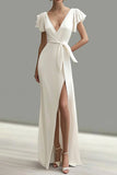 White Ruffle Sleeves Sheath Formal Dress with Sash