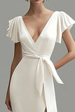 White Ruffle Sleeves Sheath Formal Dress with Sash