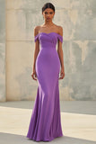 Chiffon Purple Off the Shoulder Sheath Pleated Formal Dress