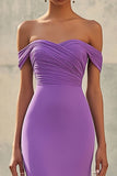 Chiffon Purple Off the Shoulder Sheath Pleated Formal Dress