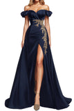 Navy Off the Shoulder Satin Beaded A Line Formal Dress with Slit