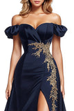 Navy Off the Shoulder Satin Beaded A Line Formal Dress with Slit