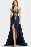 Navy Sweetheart Satin Beaded A Line Formal Dress with Slit