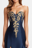 Navy Sweetheart Satin Beaded A Line Formal Dress with Slit