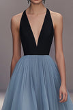 Black Blue Deep V-Neck Tulle A Line Formal Dress