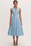 Blue Satin V-Neck A Line Tea Length Formal Dress