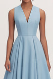 Blue Satin V-Neck A Line Tea Length Formal Dress