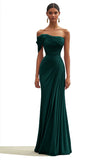 One Shoulder Dark Green Pleated Sheath Maxi Formal Dress