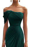 One Shoulder Dark Green Pleated Sheath Maxi Formal Dress