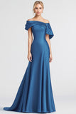 Off the Shoulder Satin Blue Pleated Mermaid Formal Dress