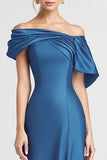 Off the Shoulder Satin Blue Pleated Mermaid Formal Dress