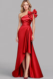 Red One Shoulder Satin High Low Formal Dress with Bow