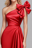 Red One Shoulder Satin High Low Formal Dress with Bow