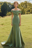 Sage Off the Shoulder Satin Mermaid Formal Dress