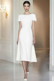 White Short Sleeves Tea Length A-Line Formal Dress