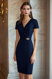 Navy V-Neck Bodycon Knee Length Formal Dress