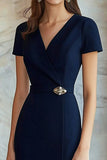 Navy V-Neck Bodycon Knee Length Formal Dress