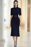 Navy Polo Collar Tea Length Sheath Formal Dress with Belt