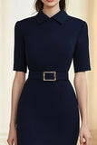 Navy Polo Collar Tea Length Sheath Formal Dress with Belt