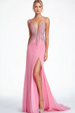 Pink Beaded Chiffon Floor Length Formal Dress with Slit