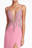 Pink Beaded Chiffon Floor Length Formal Dress with Slit