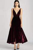 Burgundy V-Neck Velvet A Line Formal Dress