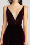 Burgundy V-Neck Velvet A Line Formal Dress