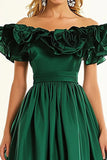 Dark Green Off the Shoulder Ruffled A Line Formal Dress