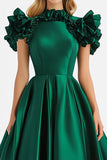 Dark Green Satin A Line Formal Dress with Ruffles