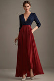 Navy Red Pleated V-Neck A-Line Mother of the Bride Dress