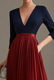 Navy Red Pleated V-Neck A-Line Mother of the Bride Dress