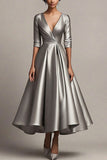 V-Neck Grey Satin Pleated A-Line Mother of the Bride Dress