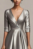 V-Neck Grey Satin Pleated A-Line Mother of the Bride Dress