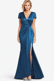 Sheath Satin Blue V-Neck Mother of the Bride Dress with Slit