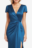 Sheath Satin Blue V-Neck Mother of the Bride Dress with Slit