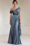 Grey Blue Satin One Shoulder Sheath Mother of the Bride Dress