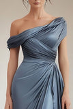 Grey Blue Satin One Shoulder Sheath Mother of the Bride Dress