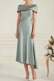 Grey Satin Shawl Overlay Tea Length Mother of the Bride Dress