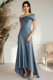 Grey Blue Satin A-Line High Low Mother of the Bride Dress