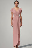 Pink Chiffon Short Seeves Sheath Mother of the Bride Dress